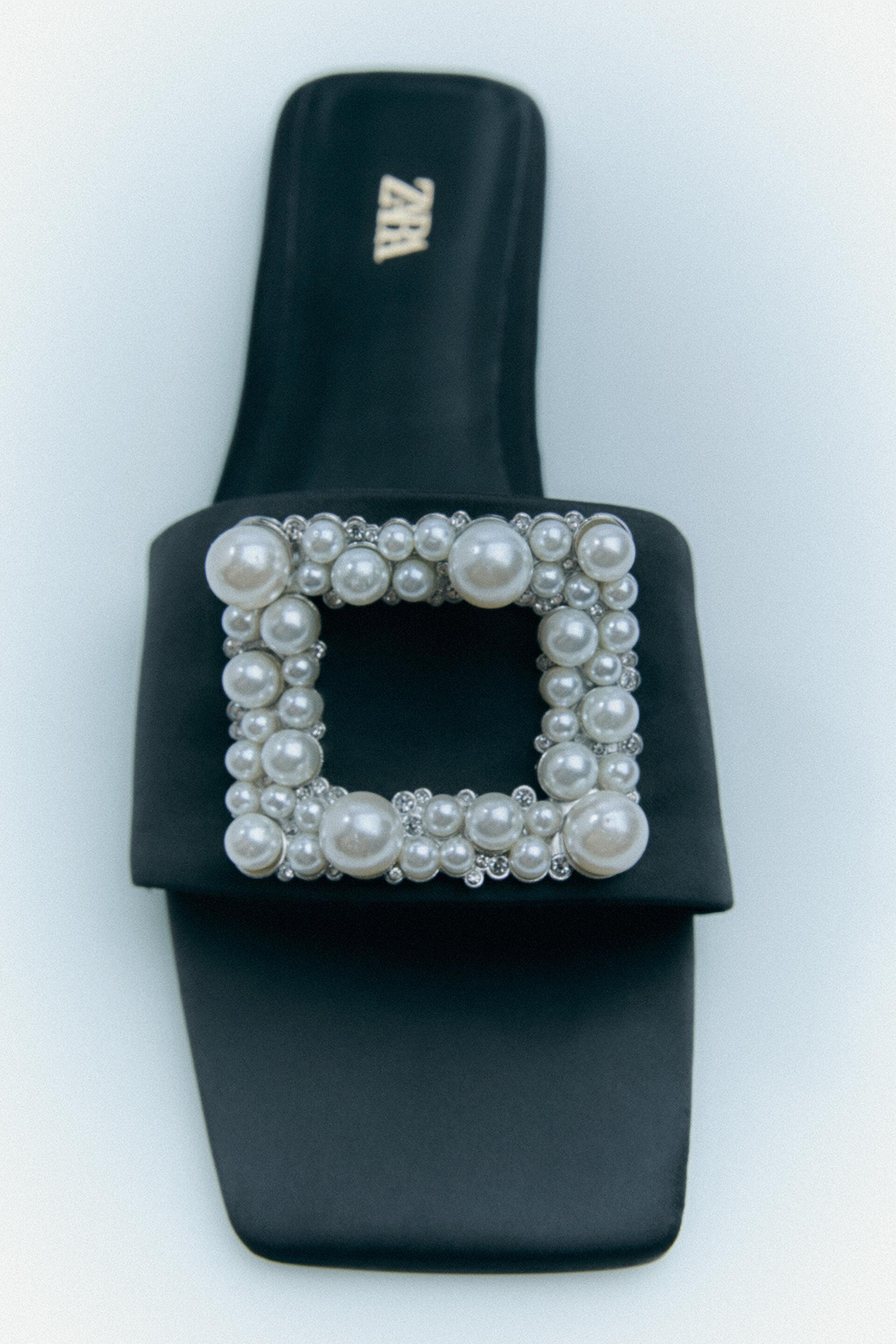FLAT SATIN EFFECT PEARL SANDALS Black ZARA United States